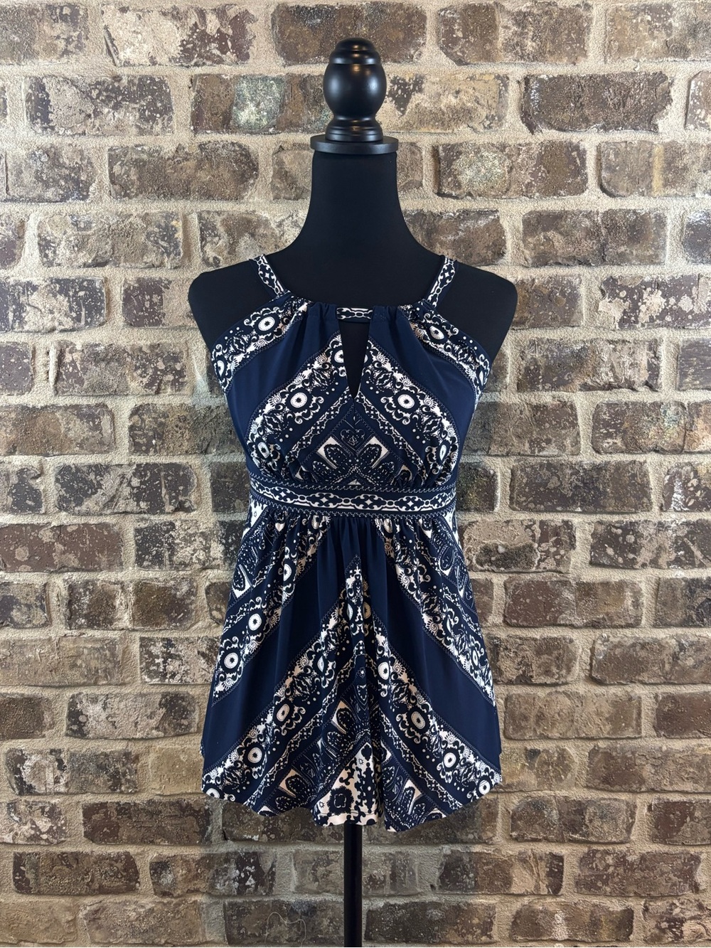 INC International Concepts Navy Blue and White Patterned Halter Top Womens Sz S